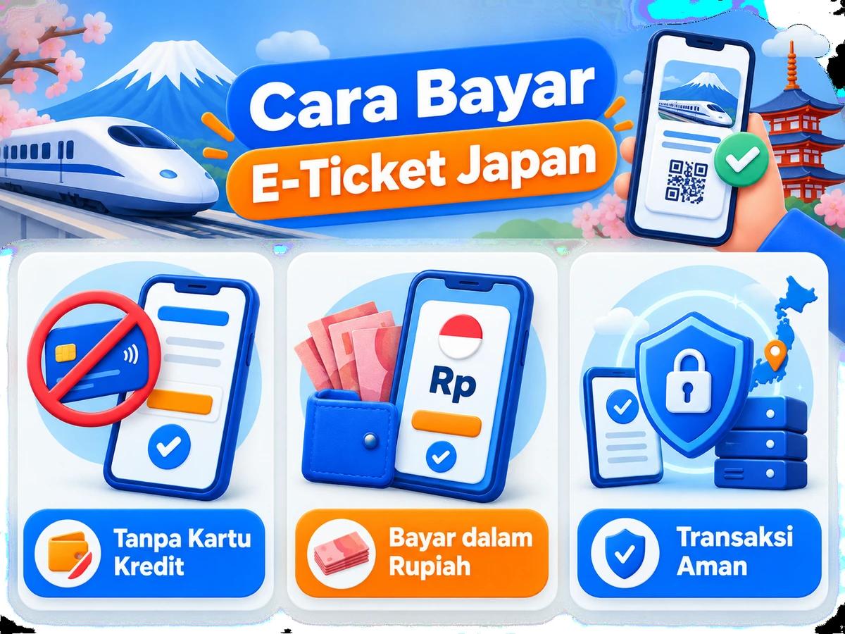 Ilustrasi pembayaran E-Ticket Japan dari Indonesia melalui ponsel, perencanaan biaya rupiah, dan konfirmasi transaksi digital yang aman.