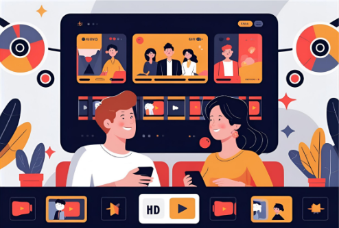 Illustration of two people sitting on a couch, watching Max streaming service on a large screen. The screen displays profile selections, movies and series thumbnails, along with navigation icons like play, HD, and audio. The setting is vibrant and relaxed with modern visual elements.
