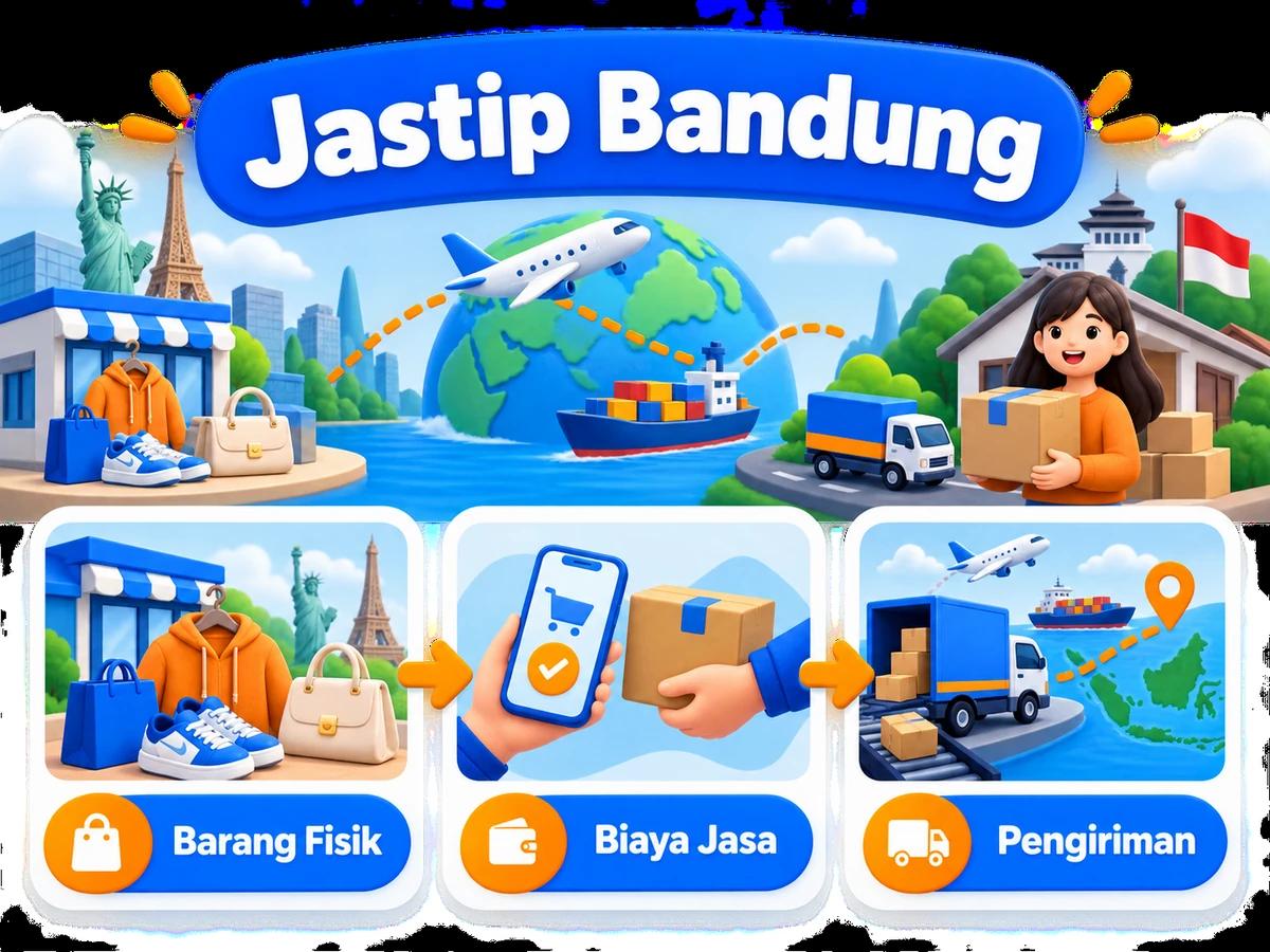 Ilustrasi alur jastip dan jasa bayar: pembelian barang luar negeri, pembayaran digital aman, dan paket diterima pelanggan Indonesia.