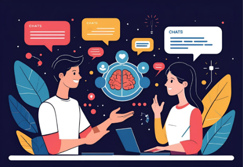 Two people interacting with the ChatGPT Plus interface on a computer screen, surrounded by icons representing AI features like plugins, images, and GPT-4.