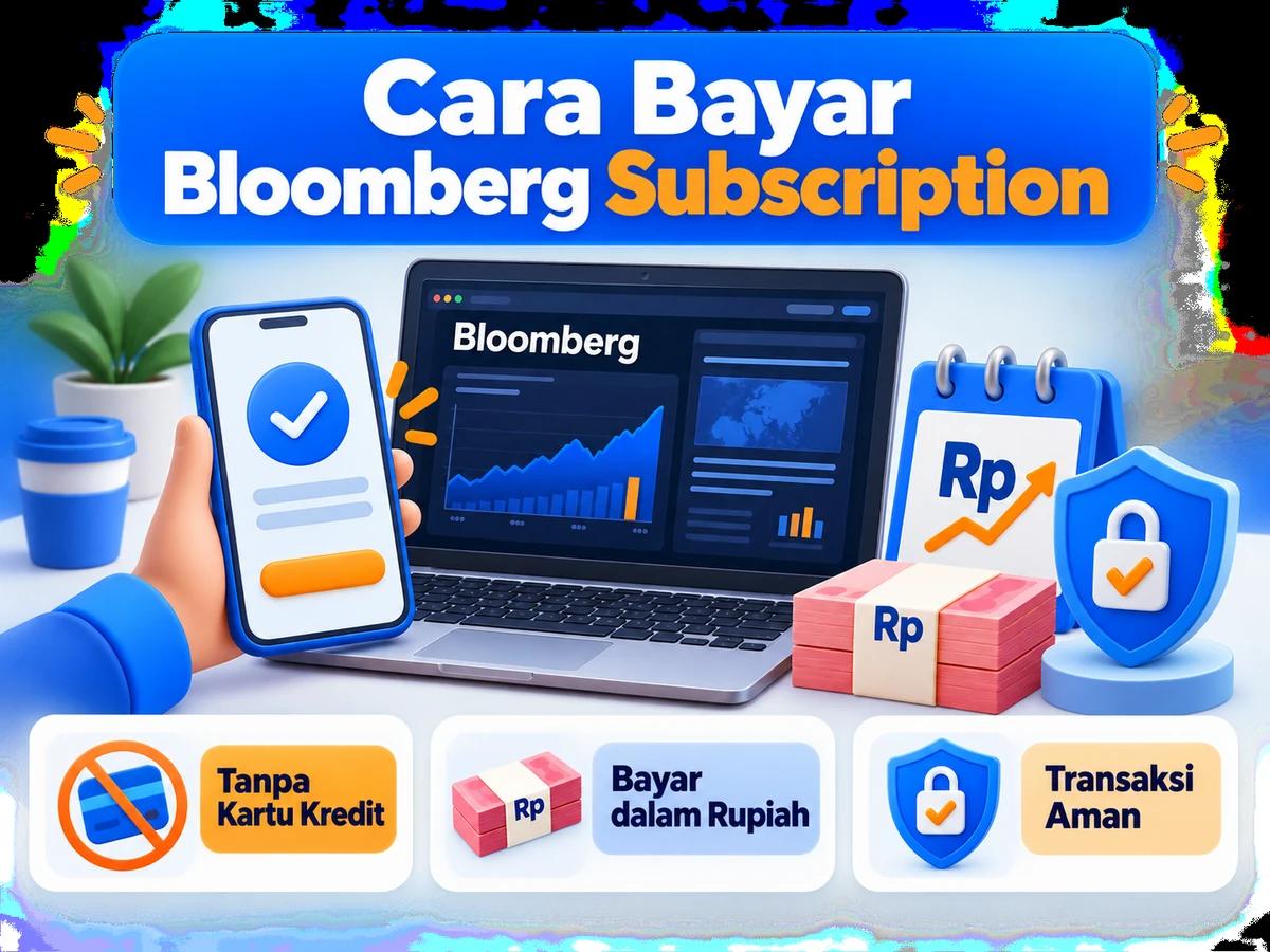 Ilustrasi pembayaran Bloomberg Subscription dari Indonesia melalui ponsel, perencanaan biaya rupiah, dan konfirmasi transaksi digital yang aman.