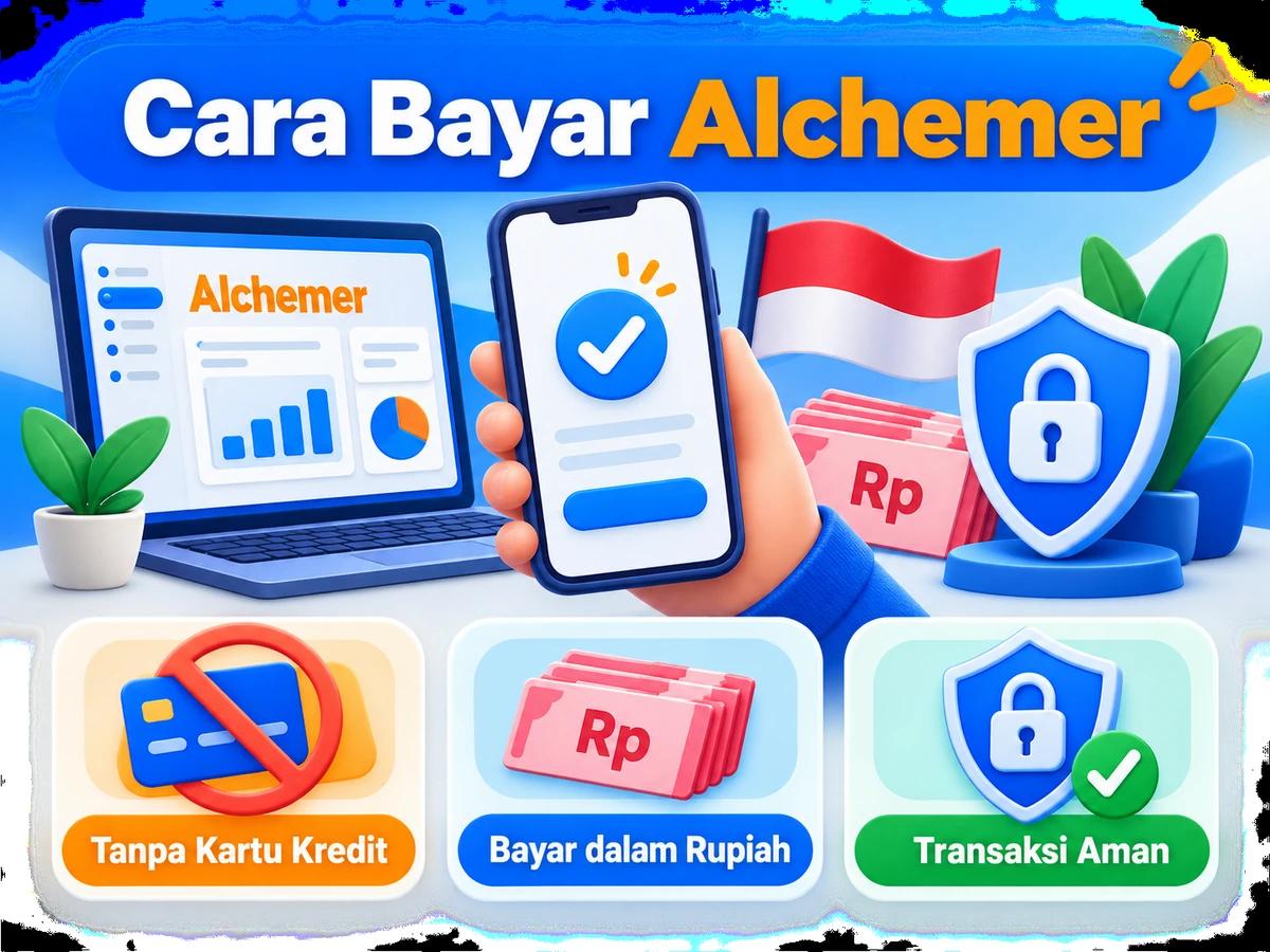 Ilustrasi pembayaran Alchemer dari Indonesia melalui ponsel, perencanaan biaya rupiah, dan konfirmasi transaksi digital yang aman.