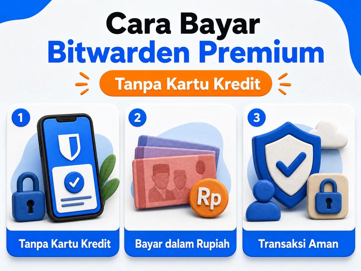 Ilustrasi pembayaran Bitwarden Premium dari Indonesia melalui ponsel, perencanaan biaya rupiah, dan konfirmasi transaksi digital yang aman.