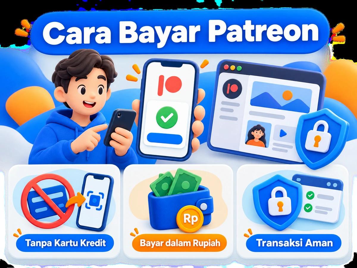 Ilustrasi pembayaran Patreon dari Indonesia melalui ponsel, perencanaan biaya rupiah, dan konfirmasi transaksi digital yang aman.
