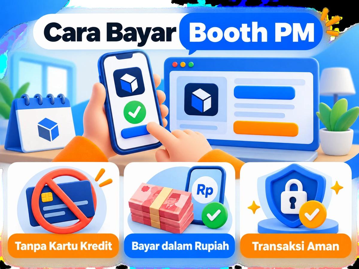Ilustrasi pembayaran Booth PM dari Indonesia melalui ponsel, perencanaan biaya rupiah, dan konfirmasi transaksi digital yang aman.
