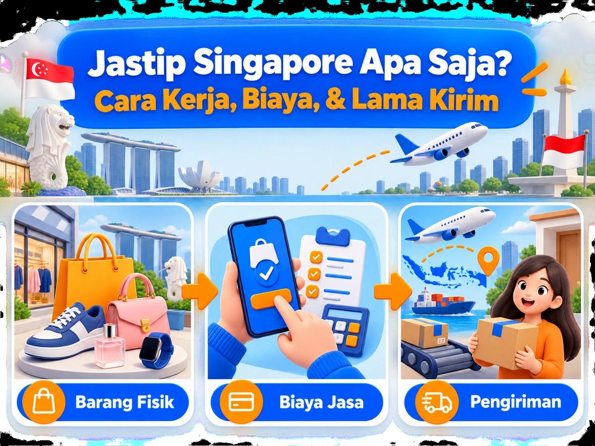 Ilustrasi alur jastip dan jasa bayar: pembelian barang luar negeri, pembayaran digital aman, dan paket diterima pelanggan Indonesia.
