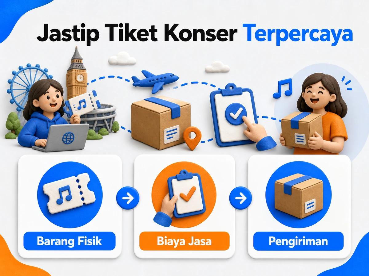 Ilustrasi alur jastip dan jasa bayar: pembelian barang luar negeri, pembayaran digital aman, dan paket diterima pelanggan Indonesia.
