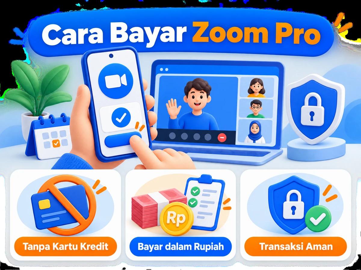 Ilustrasi pembayaran Zoom Pro dari Indonesia melalui ponsel, perencanaan biaya rupiah, dan konfirmasi transaksi digital yang aman.