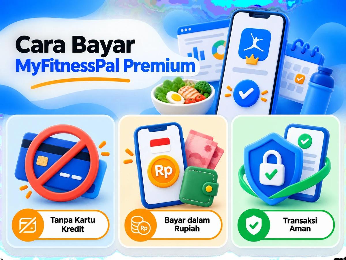Ilustrasi pembayaran MyFitnessPal Premium dari Indonesia melalui ponsel, perencanaan biaya rupiah, dan konfirmasi transaksi digital yang aman.