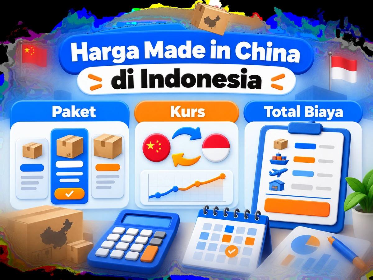Ilustrasi perbandingan paket dan perencanaan biaya Made in China dalam rupiah menggunakan kalkulator dan kalender bulanan.