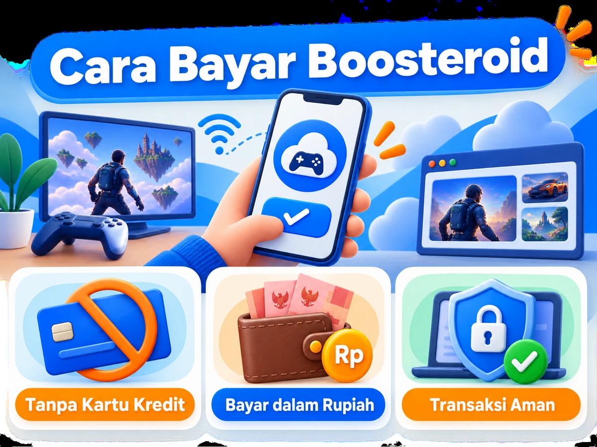 Ilustrasi pembayaran Boosteroid dari Indonesia melalui ponsel, perencanaan biaya rupiah, dan konfirmasi transaksi digital yang aman.