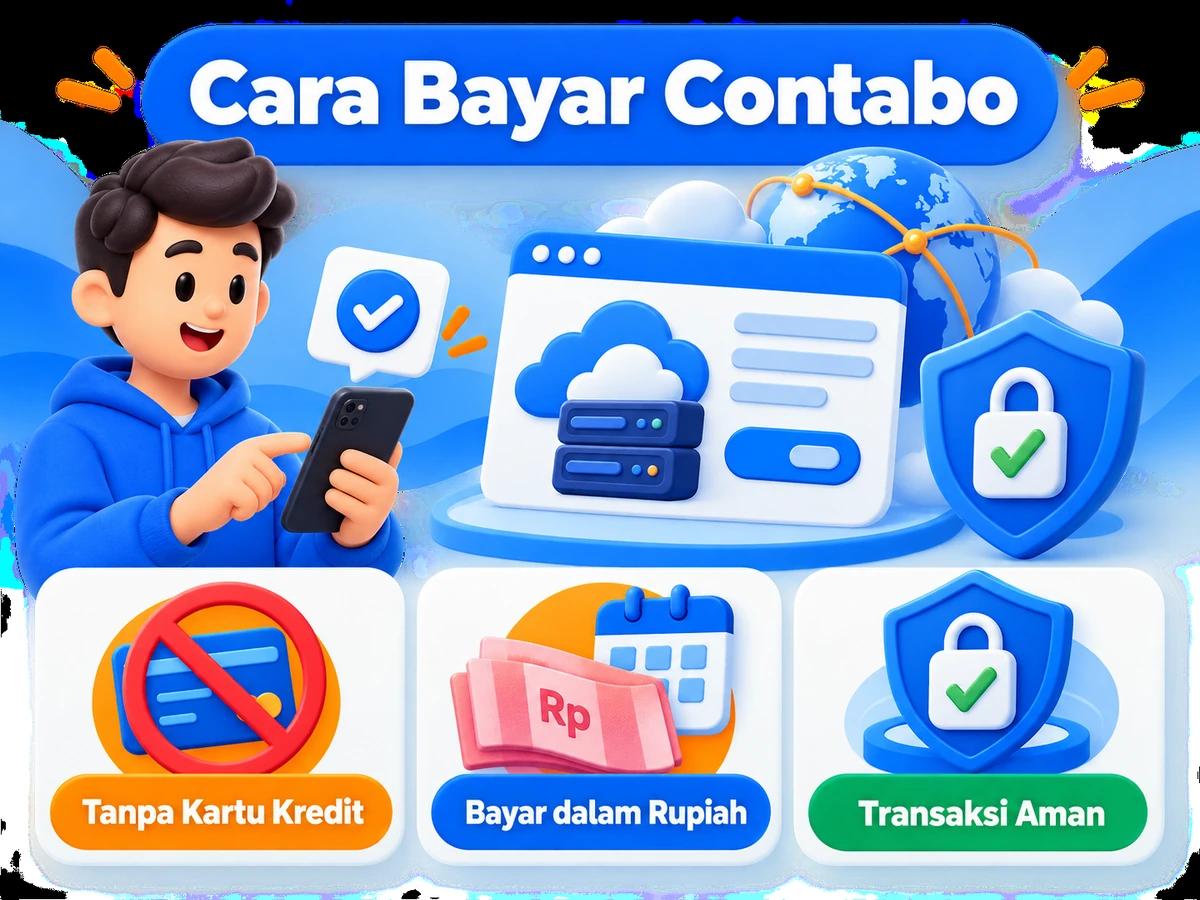 Ilustrasi pembayaran Contabo dari Indonesia melalui ponsel, perencanaan biaya rupiah, dan konfirmasi transaksi digital yang aman.