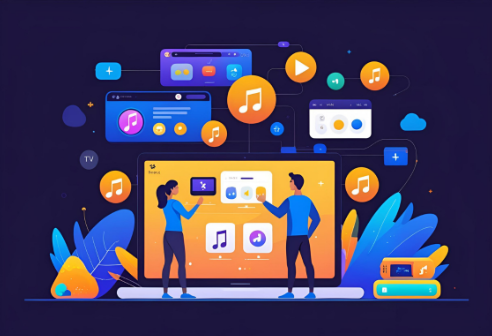 Illustration of two people in front of a large screen showing icons of Apple Music, iCloud, and other digital services – representing shared use of Apple One Family.