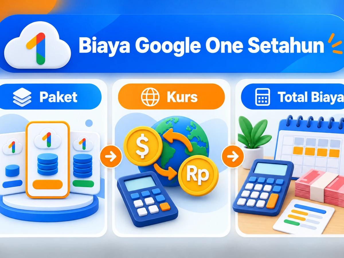 Ilustrasi perbandingan paket dan perencanaan biaya Google One dalam rupiah menggunakan kalkulator dan kalender bulanan.