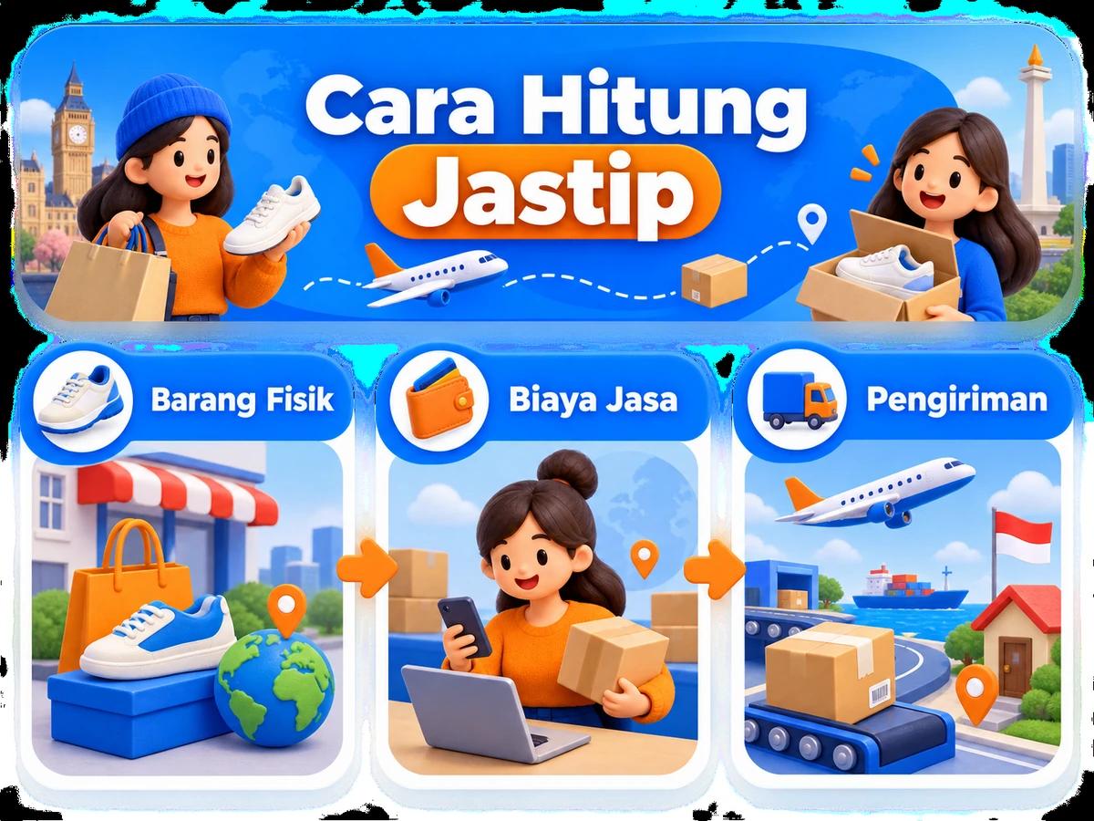 Ilustrasi alur jastip dan jasa bayar: pembelian barang luar negeri, pembayaran digital aman, dan paket diterima pelanggan Indonesia.