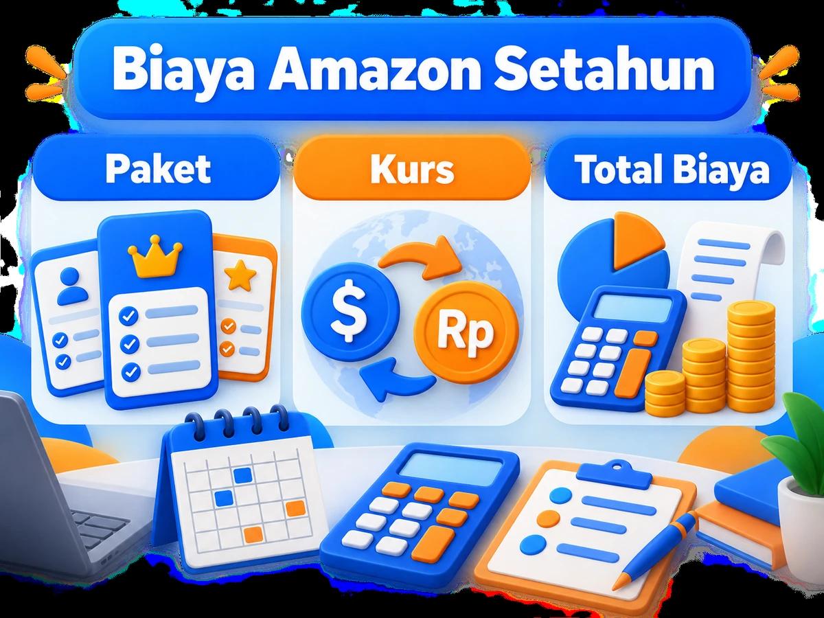 Ilustrasi perbandingan paket dan perencanaan biaya Amazon dalam rupiah menggunakan kalkulator dan kalender bulanan.