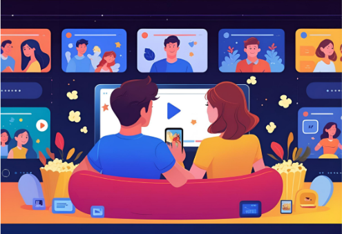 Illustration of a couple watching Netflix on a large screen, surrounded by multiple user profiles and content representing the shared premium streaming experience affordably.