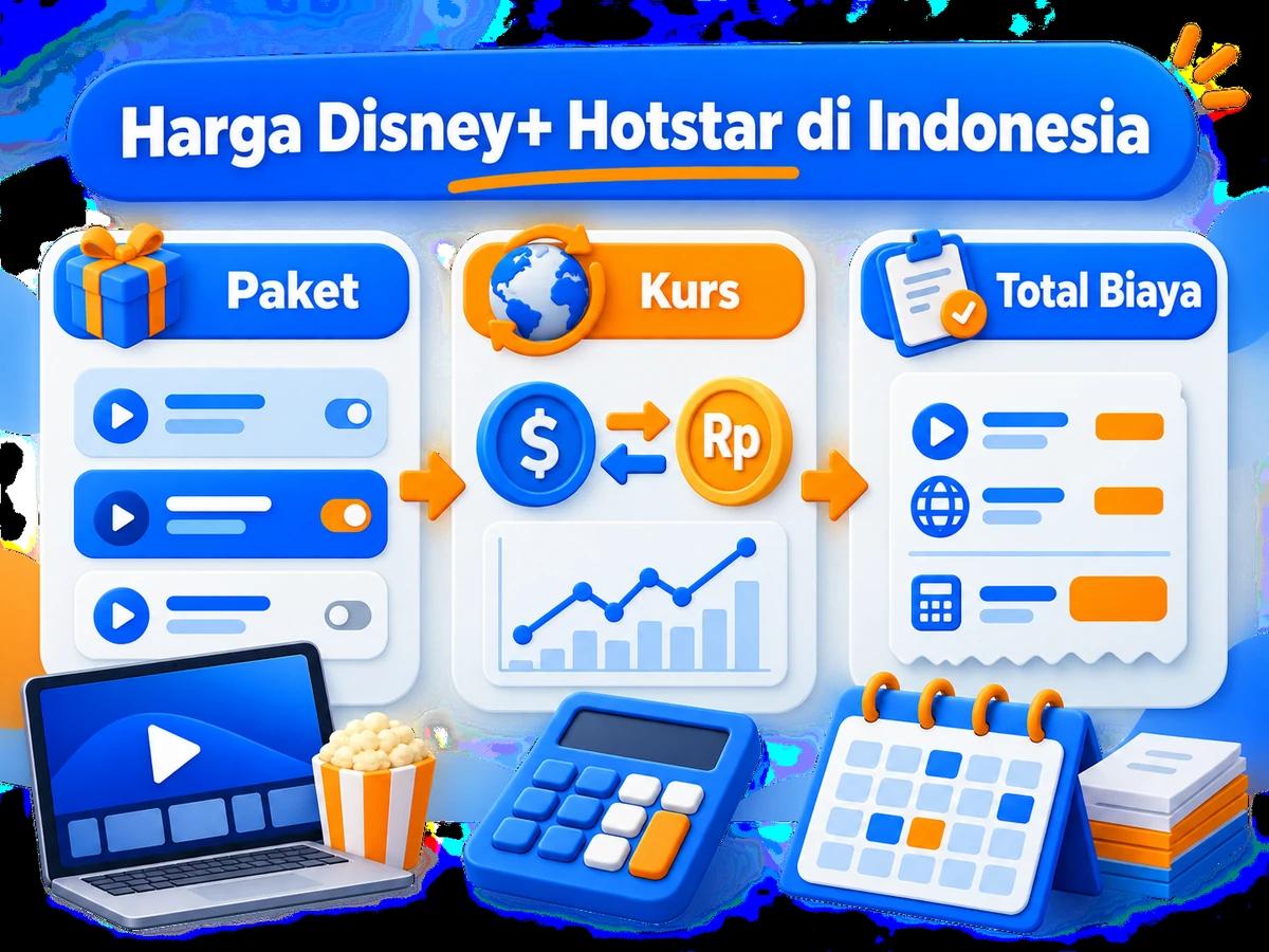 Ilustrasi perbandingan paket dan perencanaan biaya Disney+ Hotstar dalam rupiah menggunakan kalkulator dan kalender bulanan.