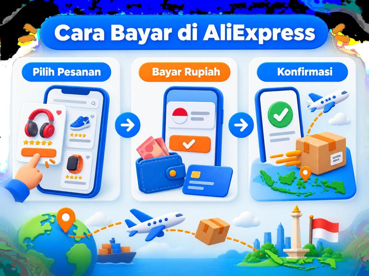 Ilustrasi belanja di AliExpress dari Indonesia, mulai dari memilih produk atau pesanan hingga pembayaran dan konfirmasi transaksi.