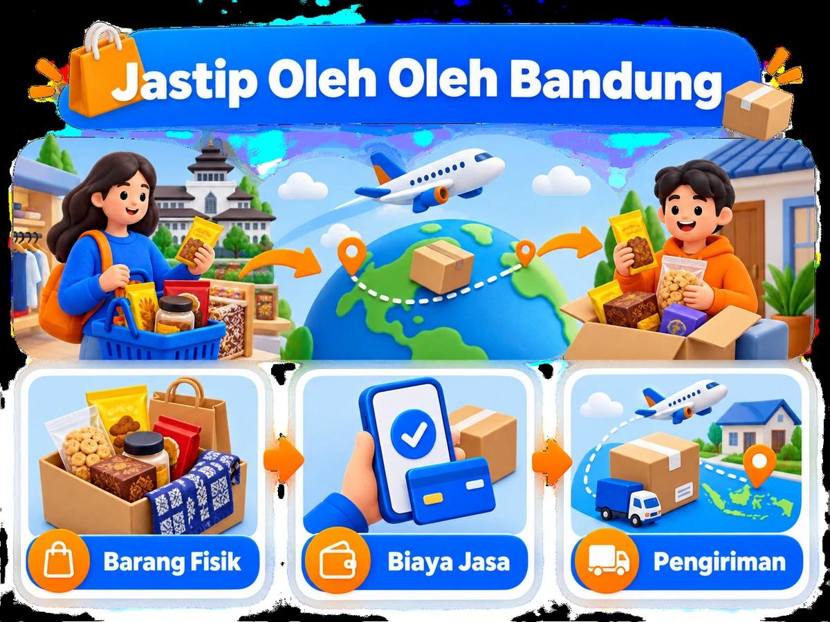 Ilustrasi alur jastip dan jasa bayar: pembelian barang luar negeri, pembayaran digital aman, dan paket diterima pelanggan Indonesia.
