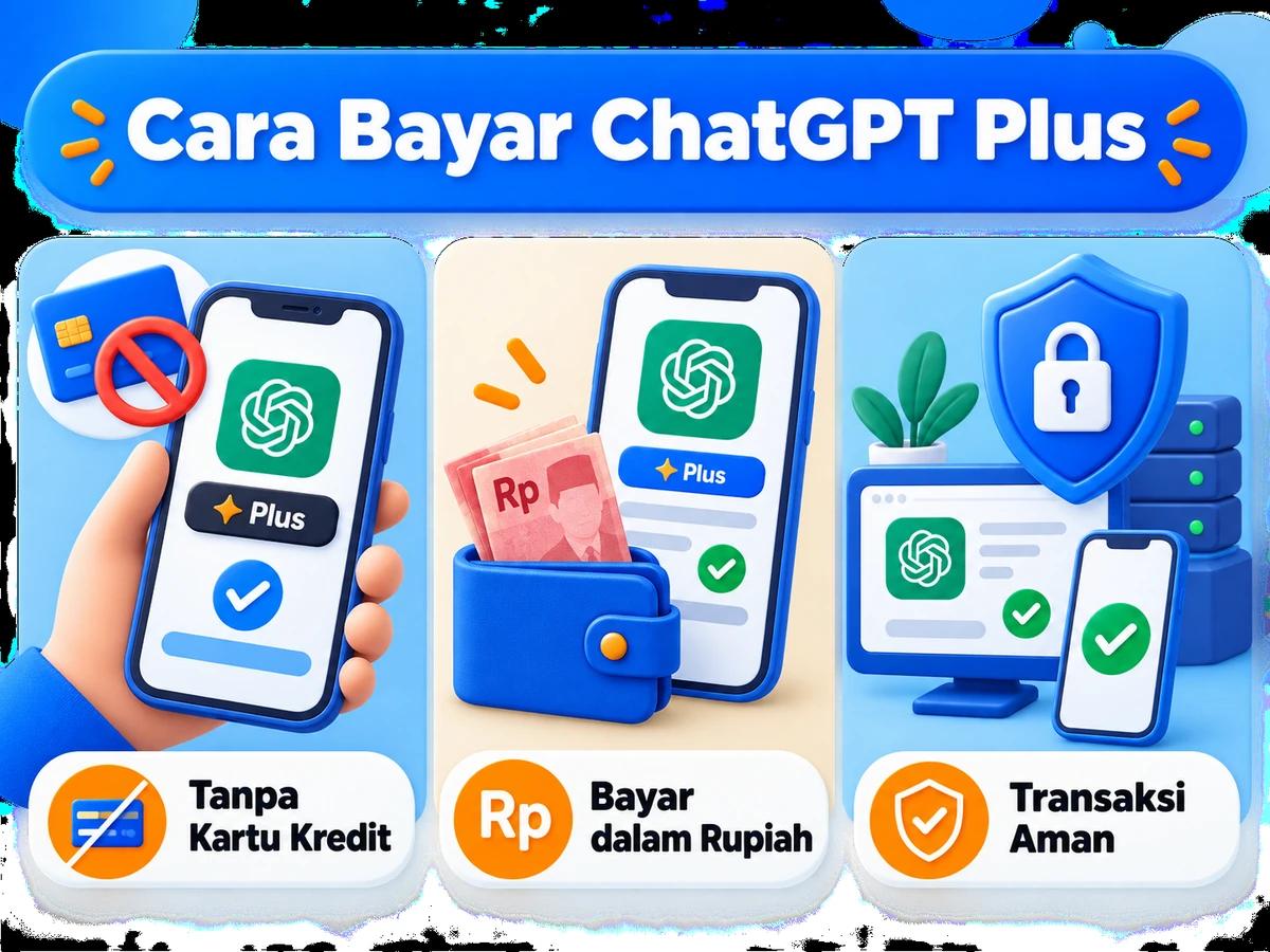 Ilustrasi pembayaran ChatGPT Plus dari Indonesia melalui ponsel, perencanaan biaya rupiah, dan konfirmasi transaksi digital yang aman.