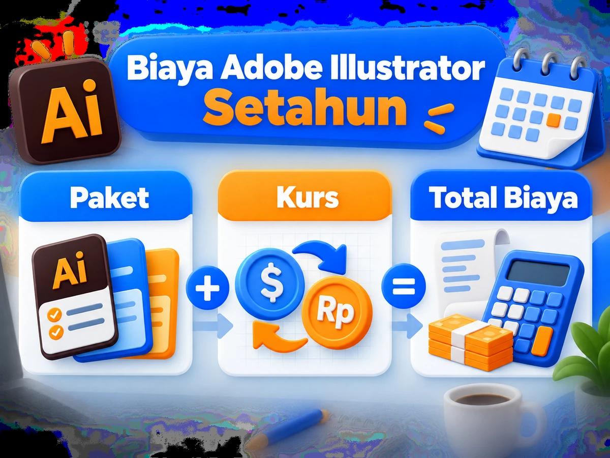 Ilustrasi perbandingan paket dan perencanaan biaya Adobe Illustrator dalam rupiah menggunakan kalkulator dan kalender bulanan.