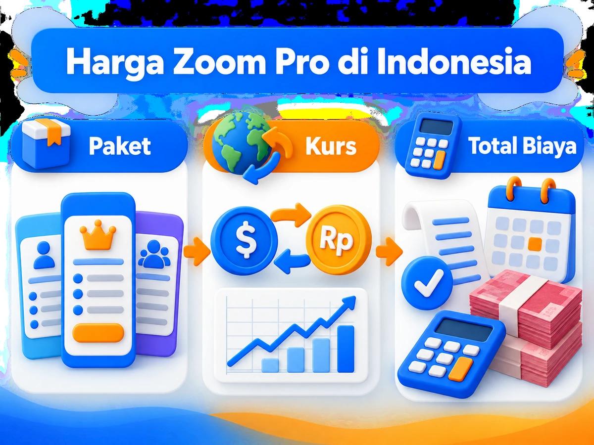 Ilustrasi perbandingan paket dan perencanaan biaya Zoom Pro dalam rupiah menggunakan kalkulator dan kalender bulanan.