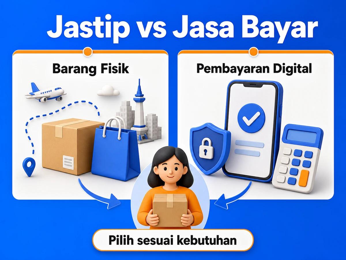 Ilustrasi alur jastip dan jasa bayar: pembelian barang luar negeri, pembayaran digital aman, dan paket diterima pelanggan Indonesia.