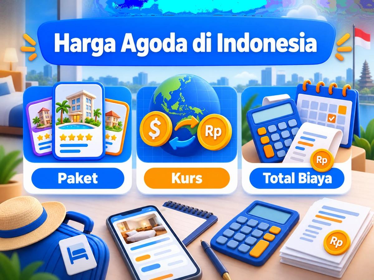 Ilustrasi perbandingan paket dan perencanaan biaya Agoda dalam rupiah menggunakan kalkulator dan kalender bulanan.