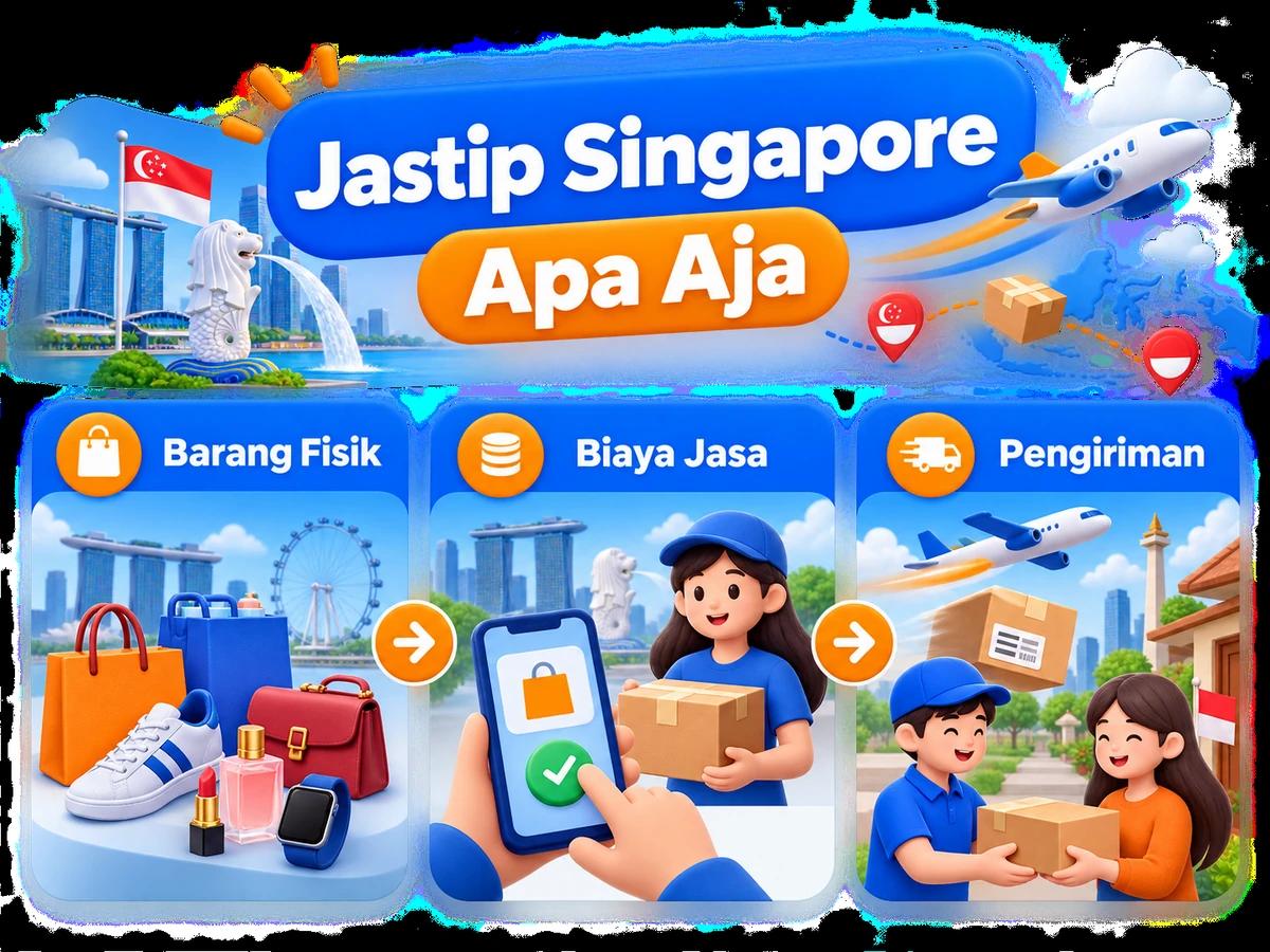 Ilustrasi alur jastip dan jasa bayar: pembelian barang luar negeri, pembayaran digital aman, dan paket diterima pelanggan Indonesia.