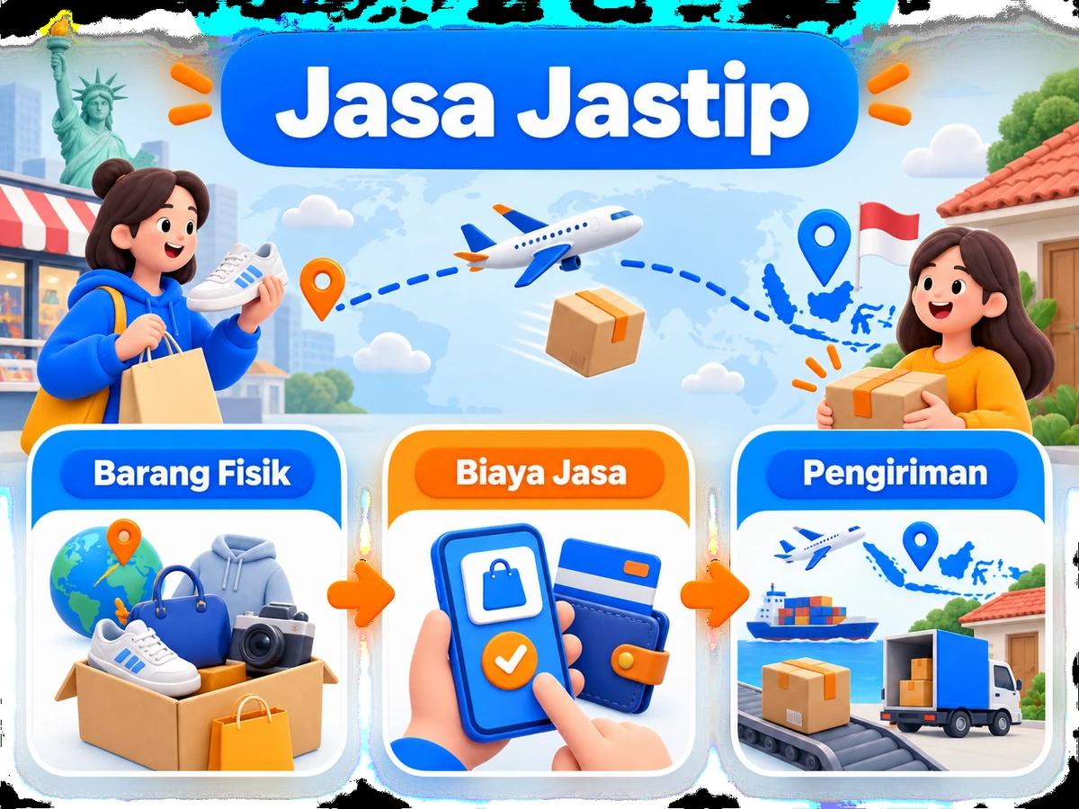 Ilustrasi alur jastip dan jasa bayar: pembelian barang luar negeri, pembayaran digital aman, dan paket diterima pelanggan Indonesia.