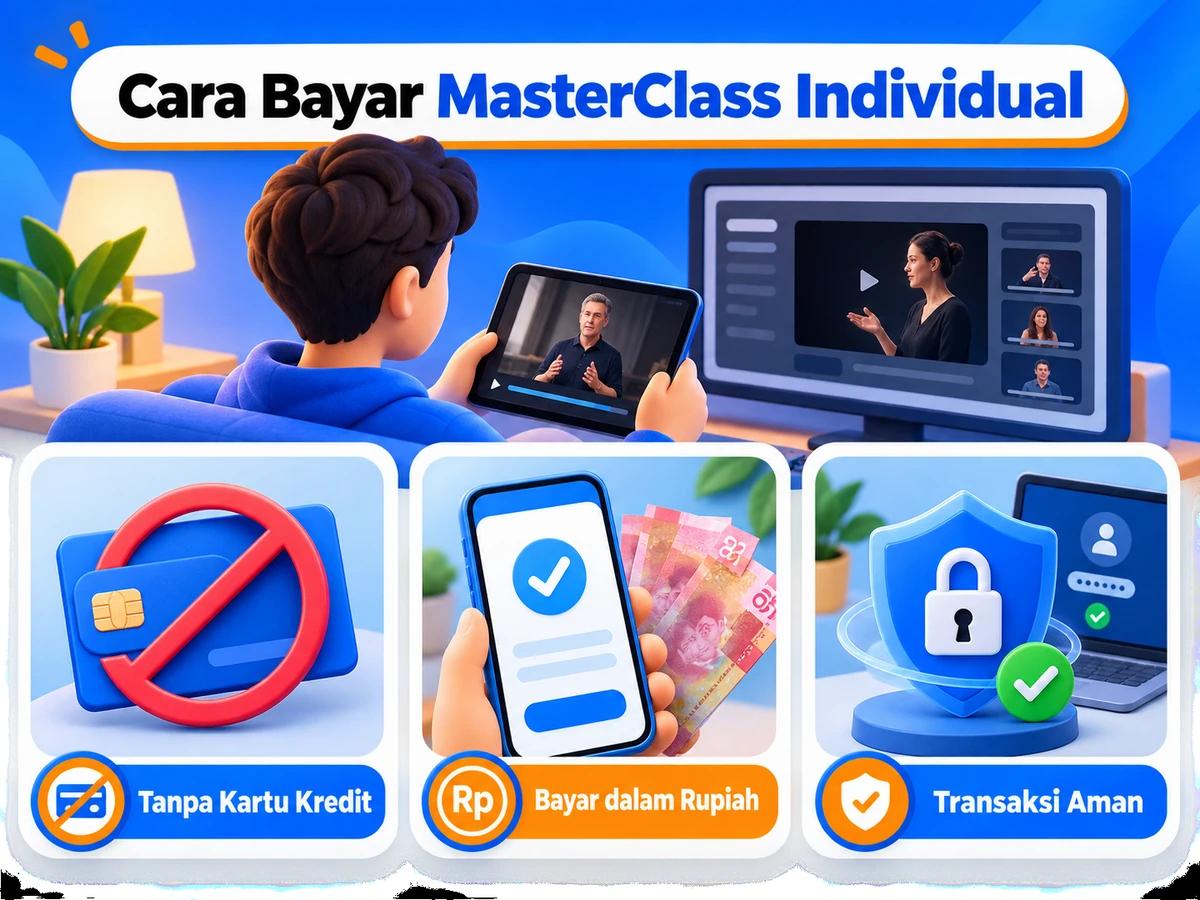 Ilustrasi pembayaran MasterClass Individual dari Indonesia melalui ponsel, perencanaan biaya rupiah, dan konfirmasi transaksi digital yang aman.