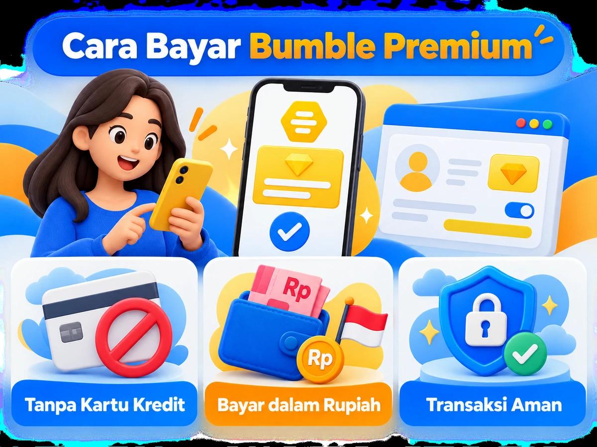 Ilustrasi pembayaran Bumble Premium dari Indonesia melalui ponsel, perencanaan biaya rupiah, dan konfirmasi transaksi digital yang aman.