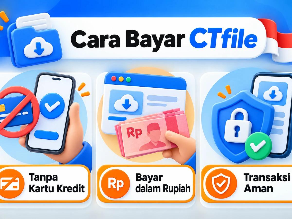 Ilustrasi pembayaran CTfile dari Indonesia melalui ponsel, perencanaan biaya rupiah, dan konfirmasi transaksi digital yang aman.