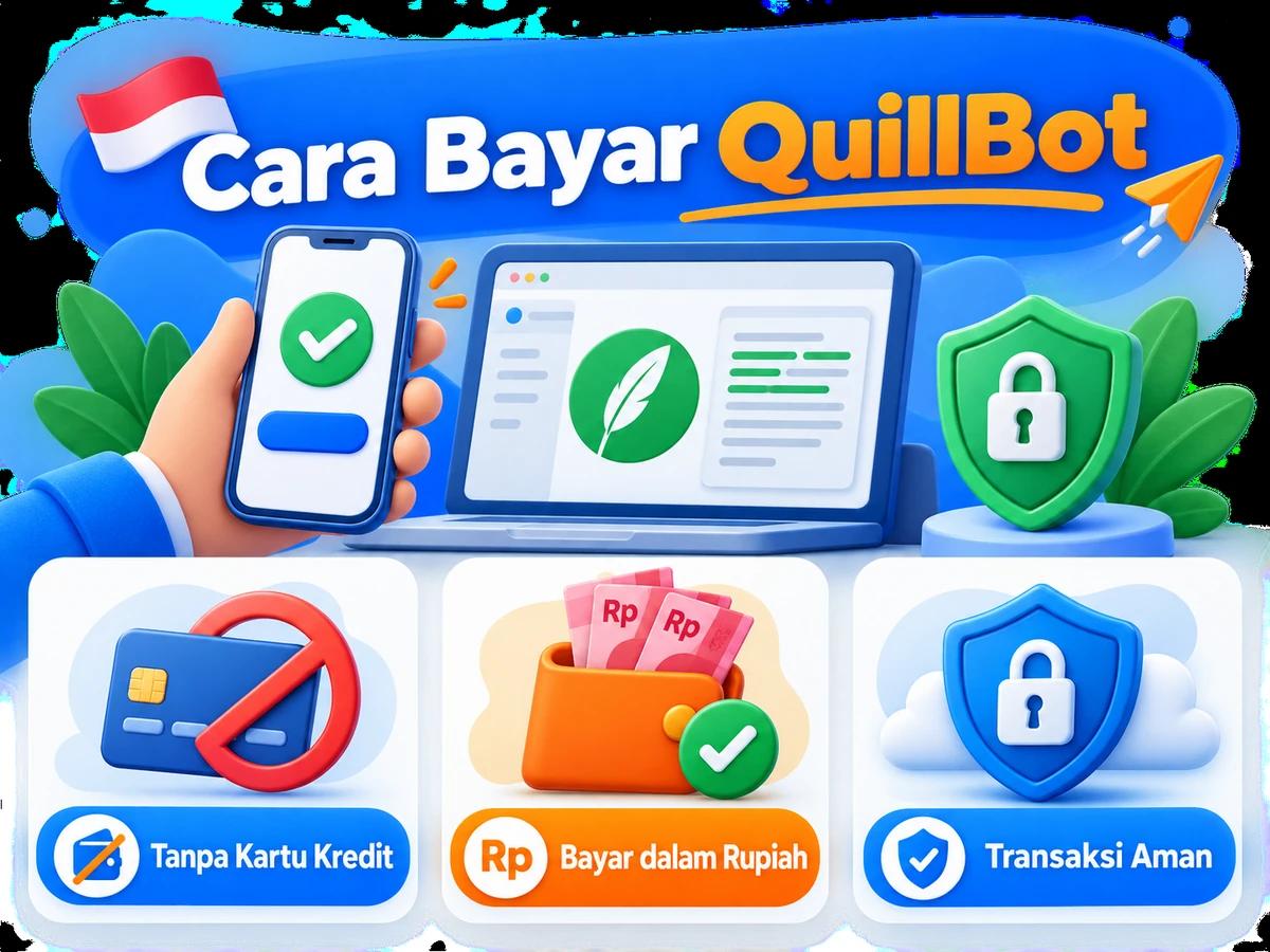 Ilustrasi pembayaran QuillBot dari Indonesia melalui ponsel, perencanaan biaya rupiah, dan konfirmasi transaksi digital yang aman.