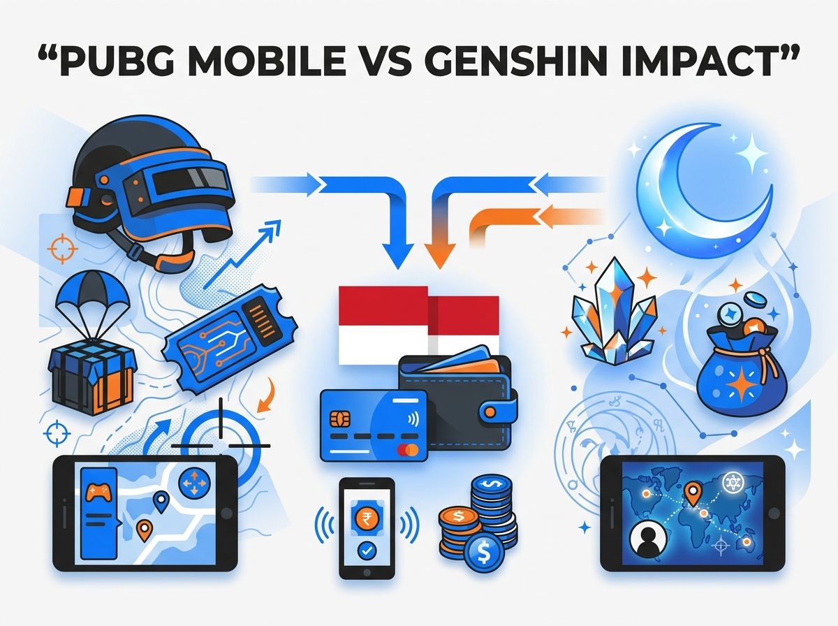 Ilustrasi PUBG Mobile vs Genshin Impact: Royale Pass & Welkin Moon dari Indonesia