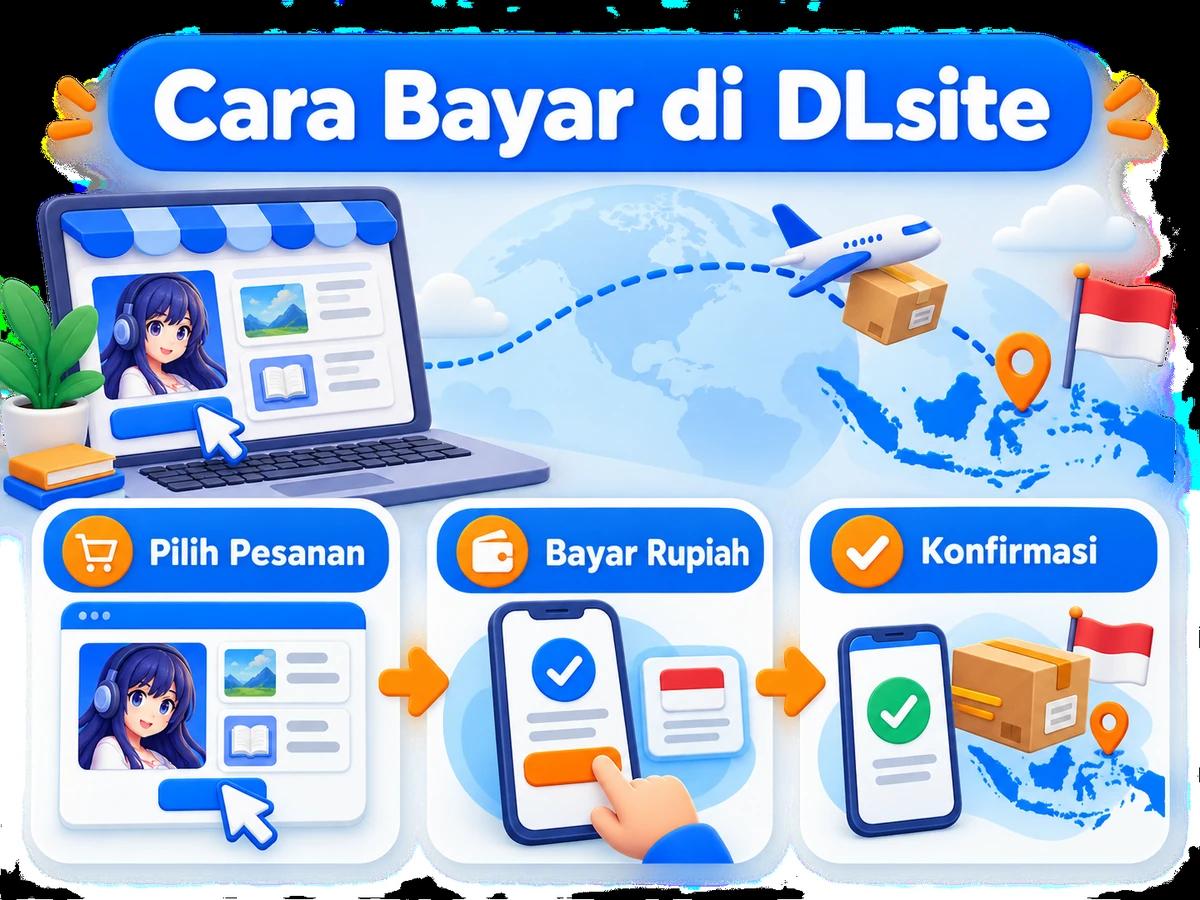 Ilustrasi belanja di DLsite dari Indonesia, mulai dari memilih produk atau pesanan hingga pembayaran dan konfirmasi transaksi.