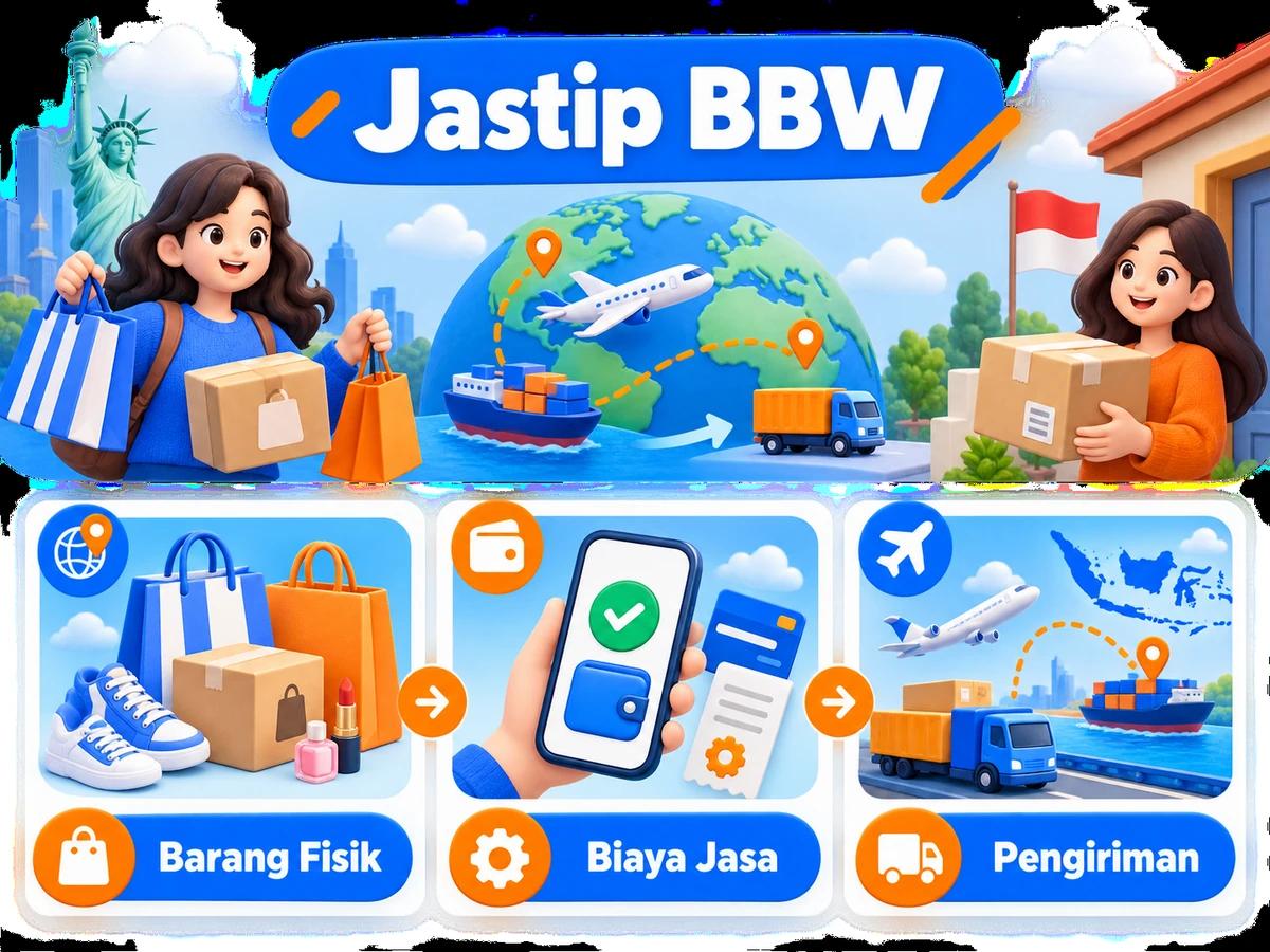 Ilustrasi alur jastip dan jasa bayar: pembelian barang luar negeri, pembayaran digital aman, dan paket diterima pelanggan Indonesia.