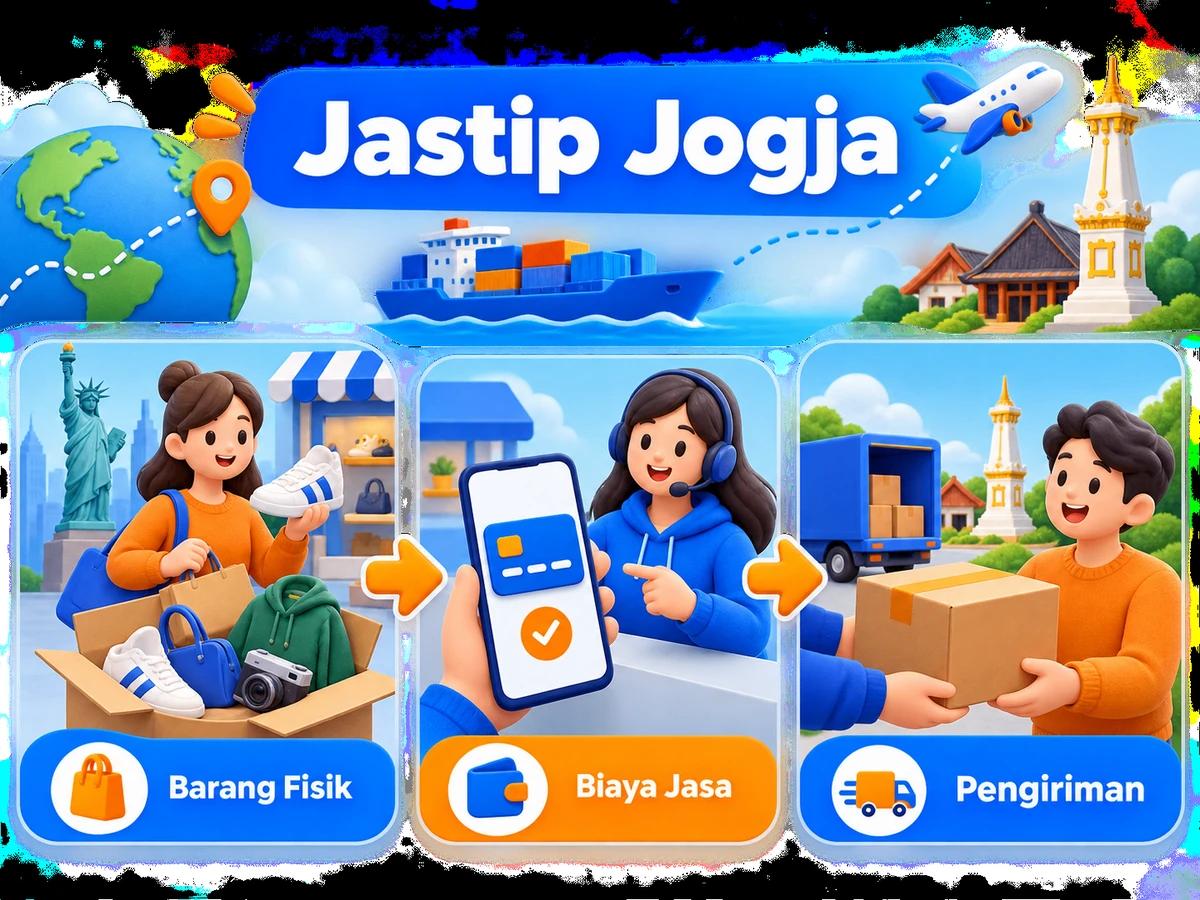 Ilustrasi alur jastip dan jasa bayar: pembelian barang luar negeri, pembayaran digital aman, dan paket diterima pelanggan Indonesia.