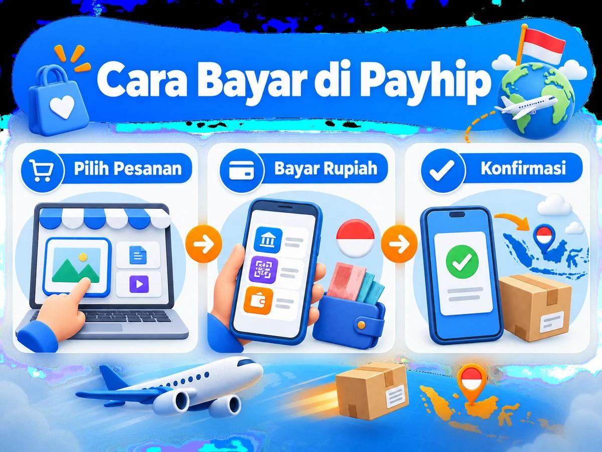 Ilustrasi belanja di Payhip dari Indonesia, mulai dari memilih produk atau pesanan hingga pembayaran dan konfirmasi transaksi.
