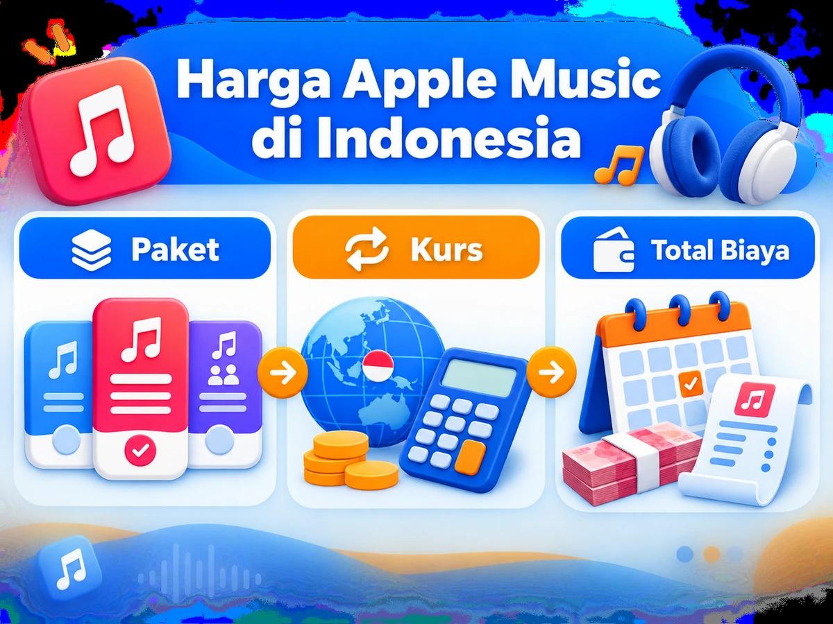 Ilustrasi perbandingan paket dan perencanaan biaya Apple Music dalam rupiah menggunakan kalkulator dan kalender bulanan.