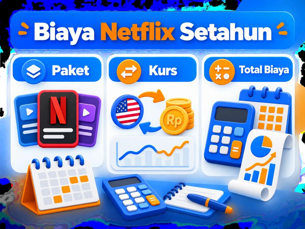 Ilustrasi perbandingan paket dan perencanaan biaya Netflix dalam rupiah menggunakan kalkulator dan kalender bulanan.