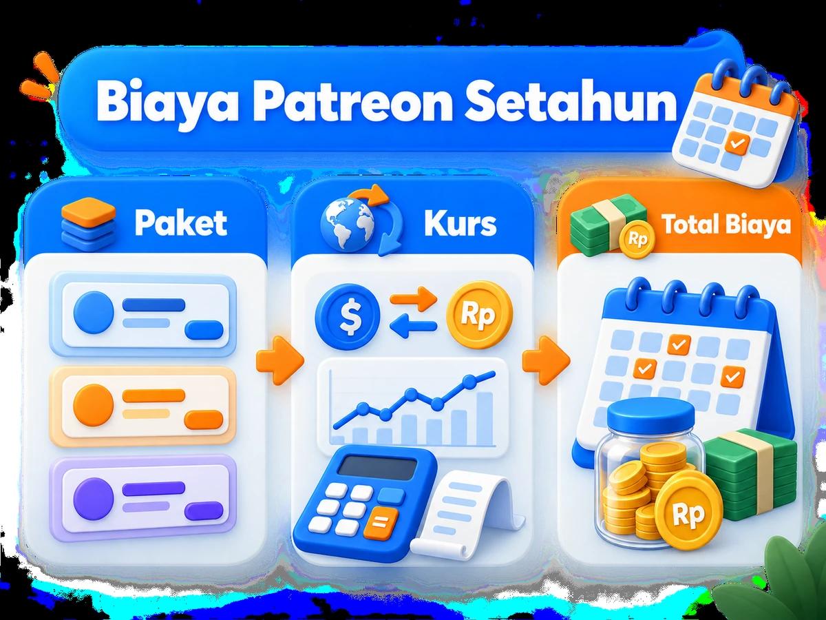 Ilustrasi perbandingan paket dan perencanaan biaya Patreon dalam rupiah menggunakan kalkulator dan kalender bulanan.