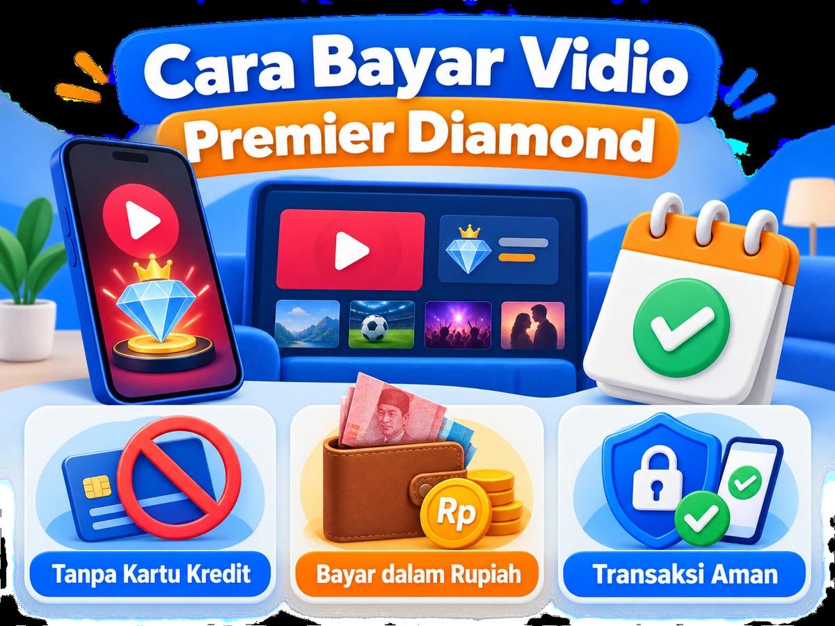 Ilustrasi pembayaran Vidio Premier Diamond dari Indonesia melalui ponsel, perencanaan biaya rupiah, dan konfirmasi transaksi digital yang aman.