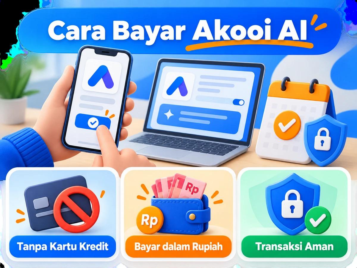 Ilustrasi pembayaran Akooi AI dari Indonesia melalui ponsel, perencanaan biaya rupiah, dan konfirmasi transaksi digital yang aman.