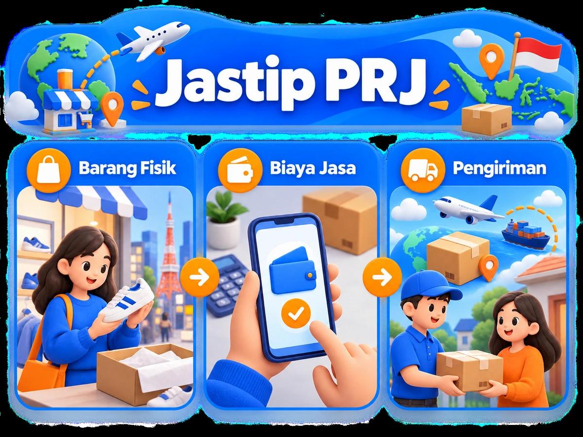 Ilustrasi alur jastip dan jasa bayar: pembelian barang luar negeri, pembayaran digital aman, dan paket diterima pelanggan Indonesia.