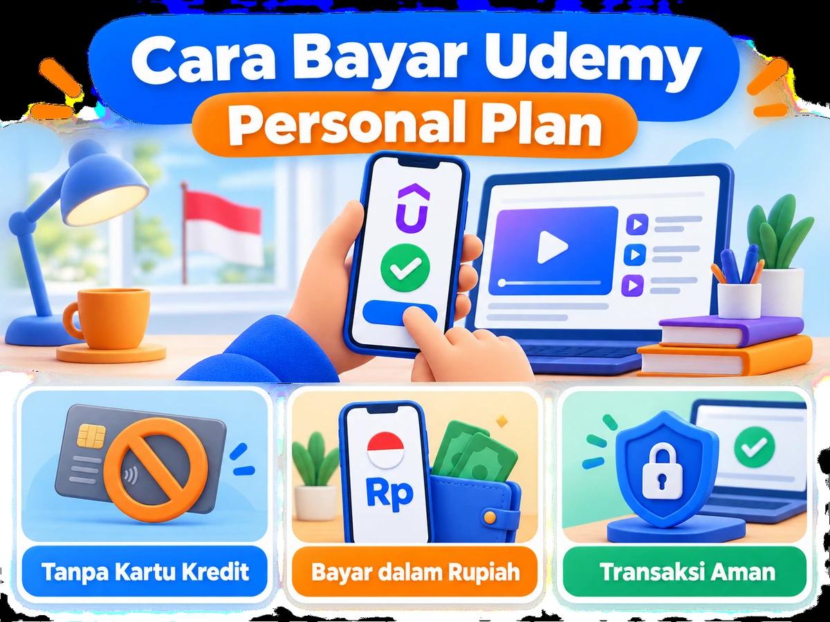 Ilustrasi pembayaran Udemy Personal Plan dari Indonesia melalui ponsel, perencanaan biaya rupiah, dan konfirmasi transaksi digital yang aman.