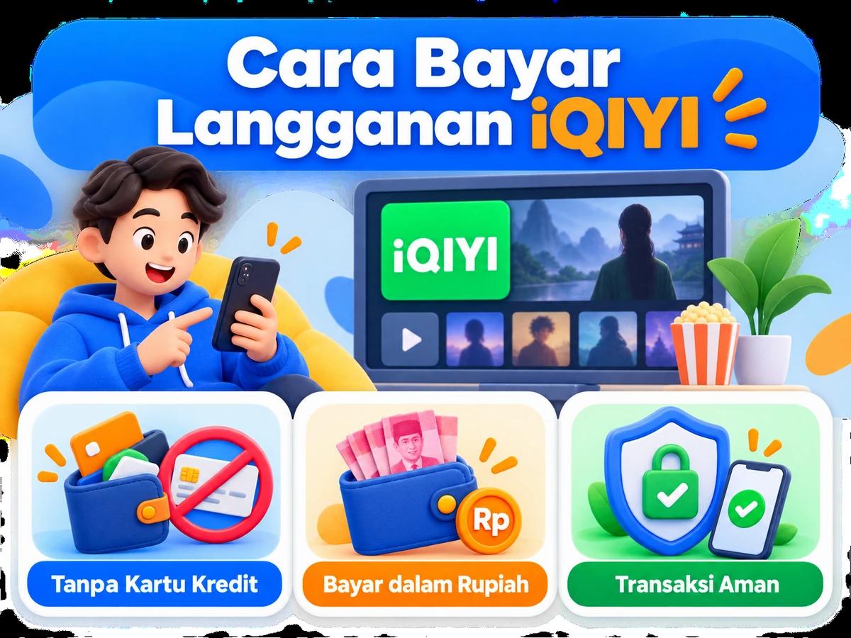 Ilustrasi pembayaran Langganan iQIYI dari Indonesia melalui ponsel, perencanaan biaya rupiah, dan konfirmasi transaksi digital yang aman.