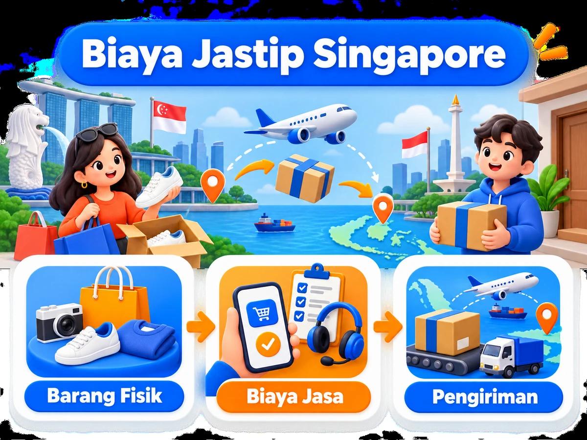Ilustrasi alur jastip dan jasa bayar: pembelian barang luar negeri, pembayaran digital aman, dan paket diterima pelanggan Indonesia.