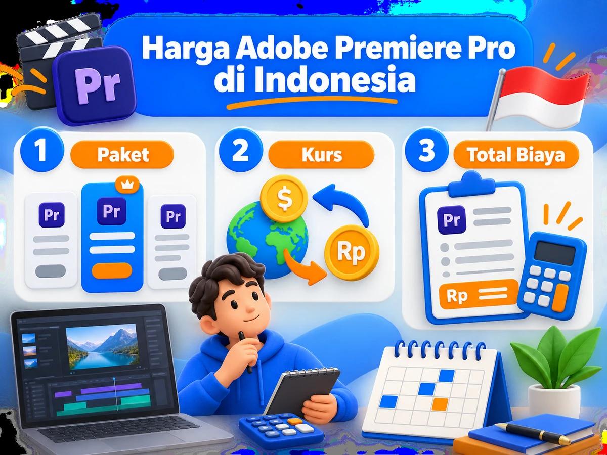 Ilustrasi perbandingan paket dan perencanaan biaya Adobe Premiere Pro dalam rupiah menggunakan kalkulator dan kalender bulanan.